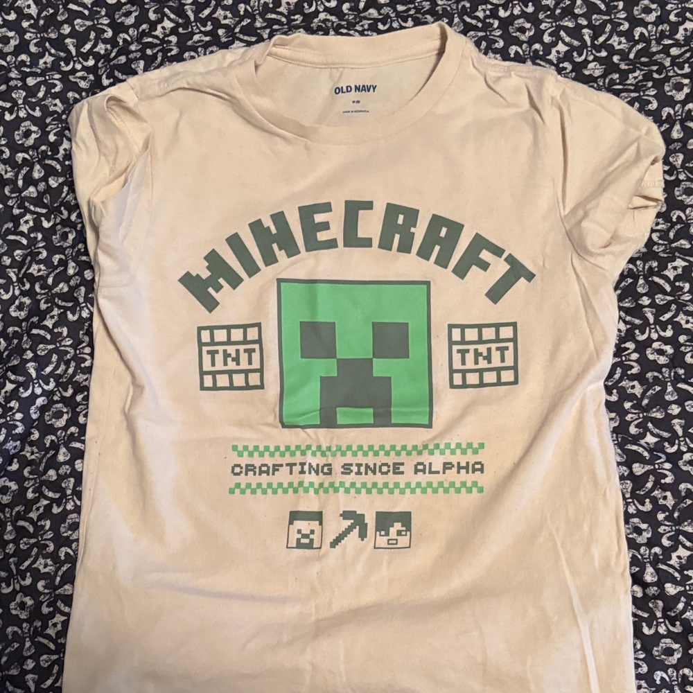Old Navy Cream Tee with Green Minecraft Creeper Graphic